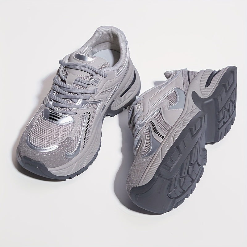 Chunky sneakers with breathable mesh & PU upper, lace-up low-top design, comfortable for all-season running with TPR sole.