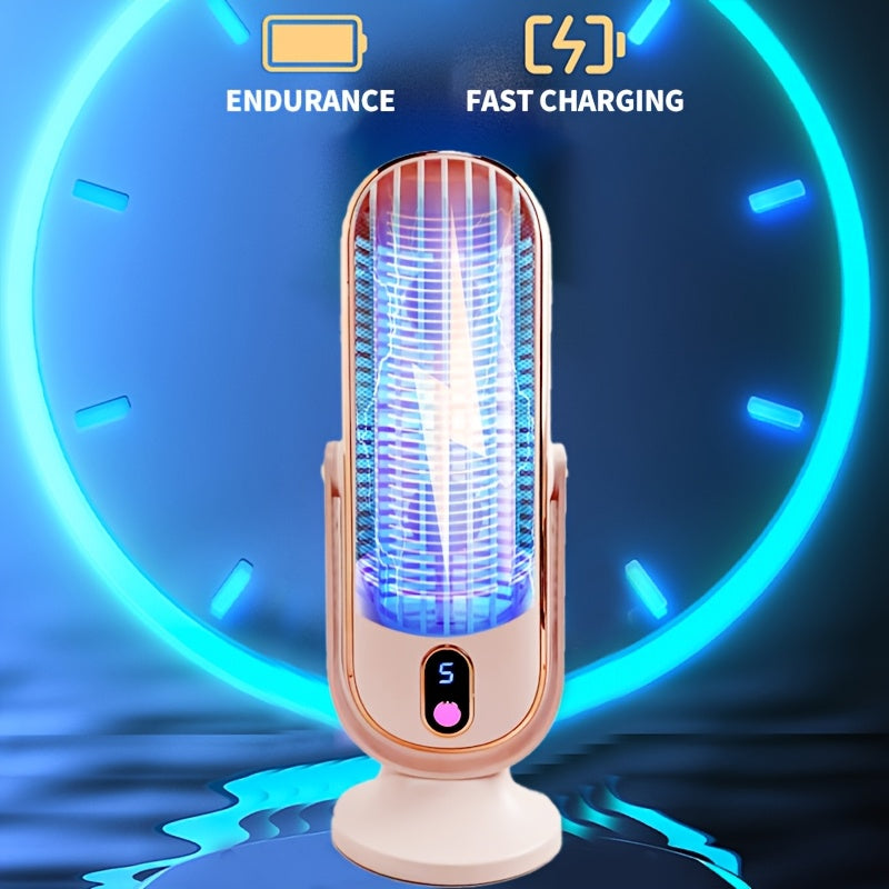 Compact and lightweight desk fan features 5-speed adjustment for customizable cooling. Perfect for use at home, in the bedroom, or while camping outdoors. USB rechargeable for convenience.