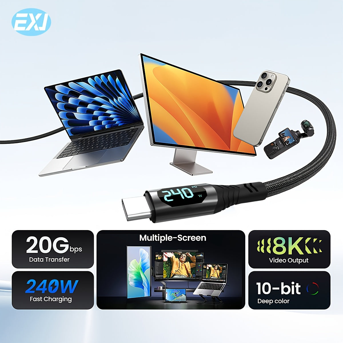 EXJ 240W Type-C to C Fast Charging Cable with Digital Display and Zinc Alloy Nylon Braid, Compatible with iPhone, Samsung, Xiaomi, Google, Computers, Tablets, iPads, Mobile Phones, and