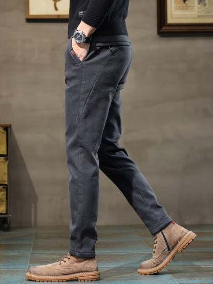 Men's slim fit casual pants made of trendy cotton blend with zipper design, suitable for all seasons.