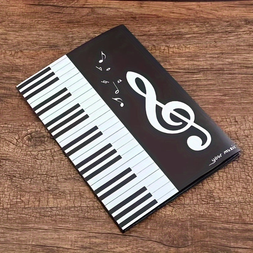 A4 size piano music sheet holder with trifold design and 6-page capacity, made of durable PP material in black and white. Perfect for musicians and performers to practice with.