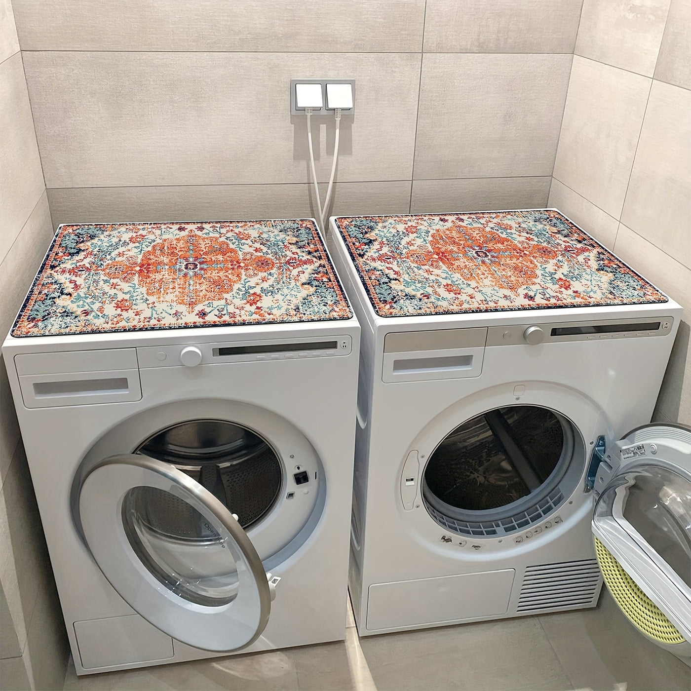 Set of 2 Vintage Coffee & Floral Print Washer and Dryer Dust Covers - Resilient, Stain-Proof, Non-Skid Mats with Retro Style for Laundry Machines