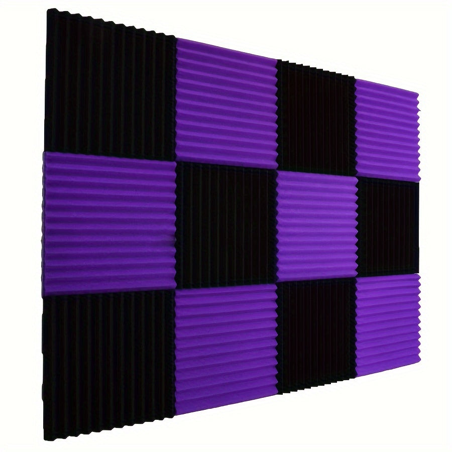 48 Black and Purple Foam Acoustic Wedges - 30.48cm x 30.48cm x 2.54cm for Studio Recording, Noise Reduction, and Instrument Isolation. Wedge pattern design with textured surface.