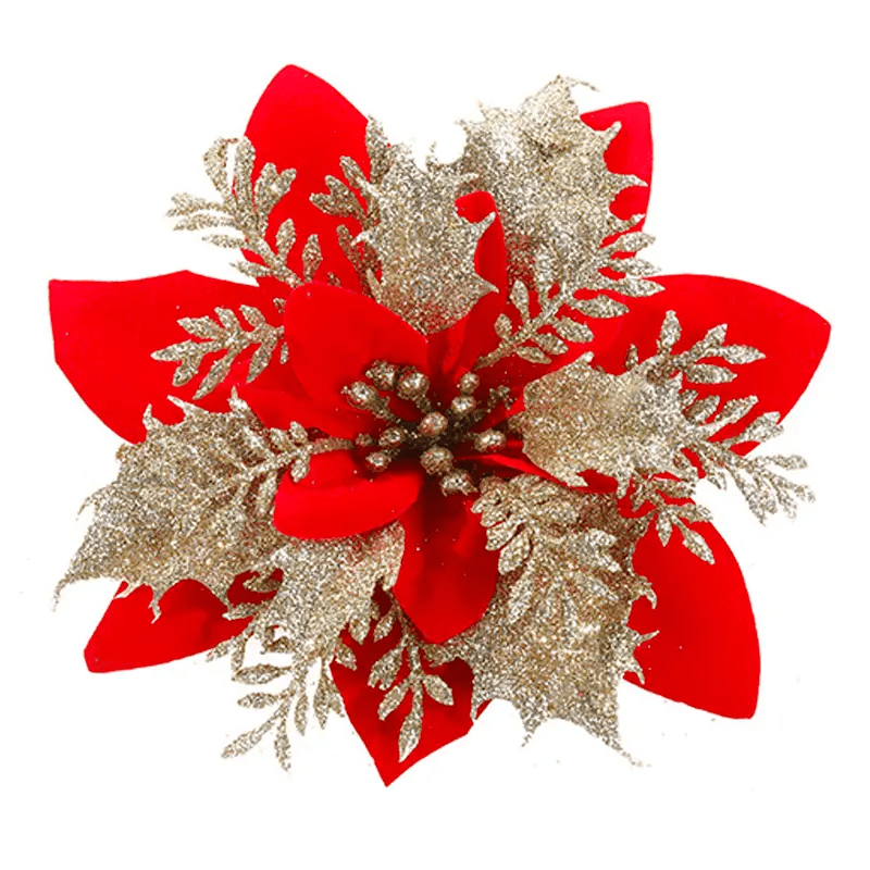 10 golden and silvery artificial Christmas decorations with red flowers, shiny ornaments, tree flower decorations, DIY wreath, holiday grass, and family party decor.