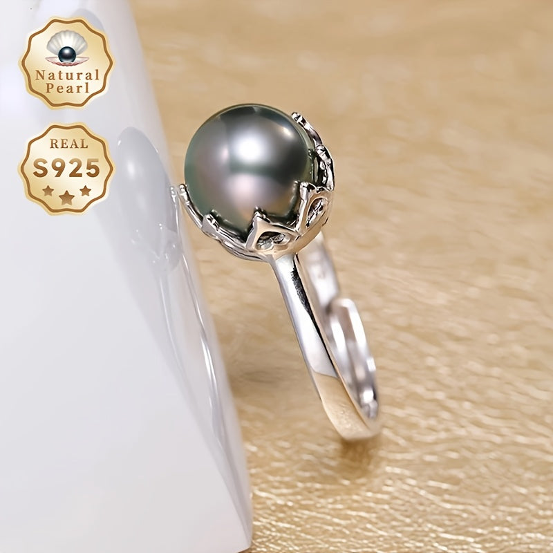 Dainty Vintage Style 925 Sterling Silver Cuff Ring featuring a Natural Saltwater Black Pearl, Adjustable Band, June Birthstone, Perfect for Everyday Wear and Gifting