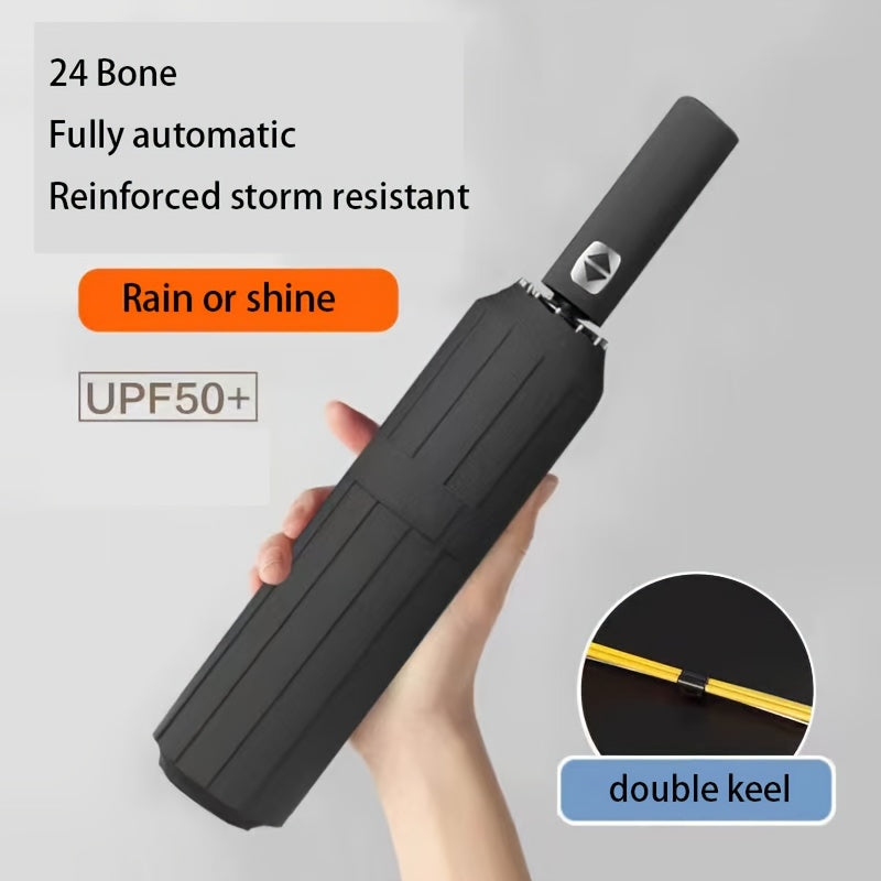 Durable, portable, unisex automatic umbrella with 24 reinforced ribs for sunny and rainy days.