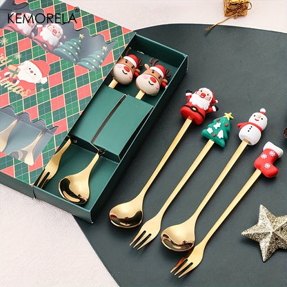 KEMORELA 4/6pcs Stainless Steel Mini Fork and Spoon Set with Q Version Cartoon Design for Christmas and Halloween festivities. Perfect holiday gift.