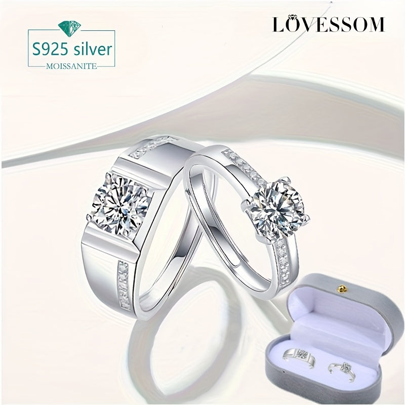 Vintage classic style 925 sterling silver moissanite couple rings, perfect for weddings, engagements, anniversaries, or as a New Year gift. Comes in a gift box, weighing approximately 6g. Featuring a love pool design, this fashion trend piece is sure to