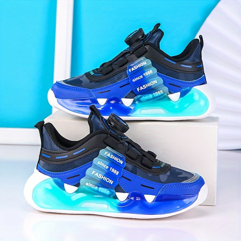 Stylish solid color boys' basketball sneakers with rotating buckle, breathable lining, and EVA sole for running and sports.