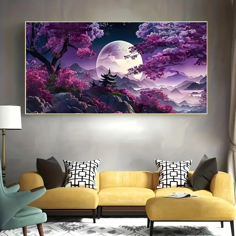 5D Diamond Painting Kit, Modern Abstract Landscape Water Diamond Art with Moon and Tree on Purple Background, for Adults, 70X40cm.