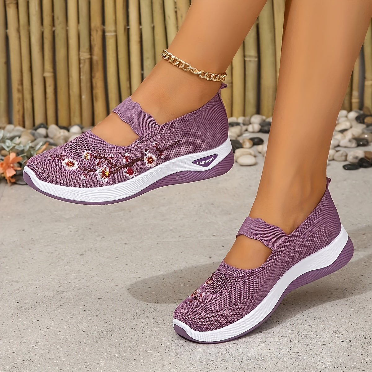 Women's Breathable Knit Sneakers with Floral Design, Non-Slip Sole, Lightweight, in Multiple Colors.