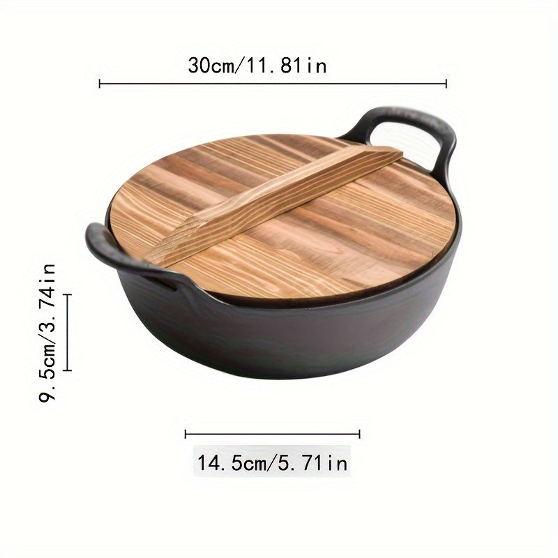 Multipurpose cast iron skillet with wooden lid - Great for frying, sautéing, and stewing - Must-have kitchen tool for home chefs