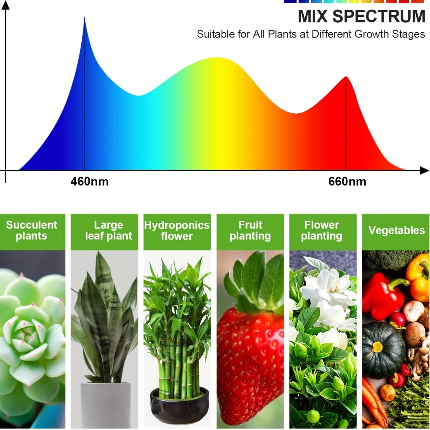 The 5/2-Head LED Grow Light is a full spectrum clip plant light with yellow, blue, and red LEDs, perfect for indoor plants. It features 5 brightness levels and an automatic timer with