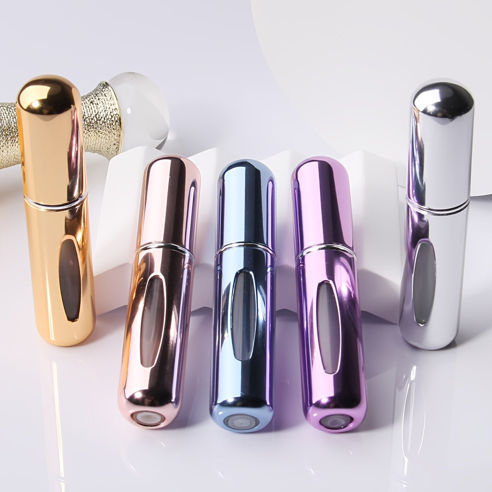 A set of 5 travel-sized refillable perfume atomizers, each holding 5ml. Conveniently carried in purse, backpack, or luggage. Features bottom filling and dispensing box. Ideal for cosmetics.