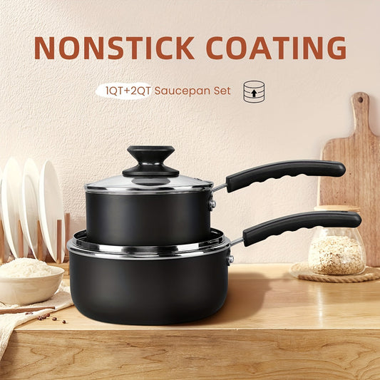 Set of four nonstick sauce pans with lids, includes 1 quart and 2 quart sizes. Features easy clean technology, pour spout, induction compatibility, and PFOA free materials in a stylish golden and black color combination.