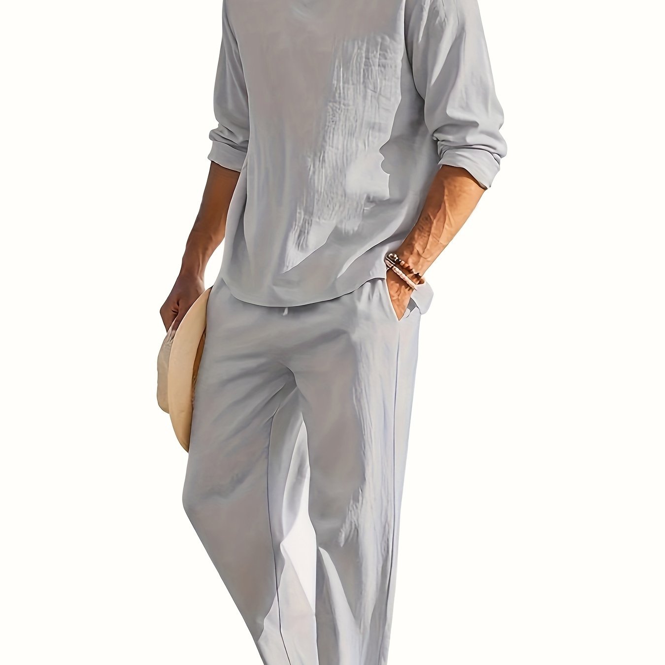 2024 European and American Men's Two-Piece Leisure Set with V-neck Commuting Suit and Solid Color Long Sleeve Trousers.