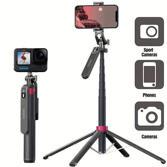 Aluminum self-timer lever with wireless remote, rechargeable battery, and universal phone tripod for live broadcasts and video recording with 4.7-7 inch smart phones.