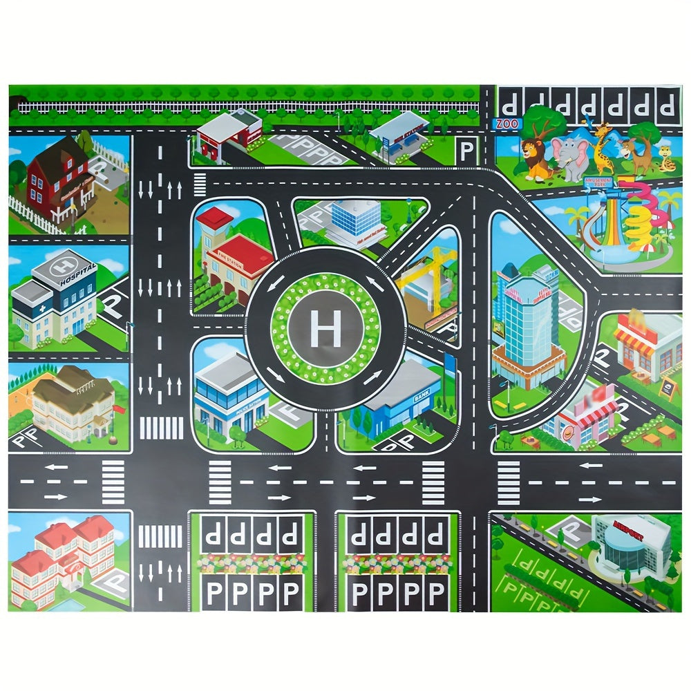 Large city traffic play mat for kids made of waterproof non-woven fabric with colorful road signs and vehicles. An educational and fun green transportation game for modern room decor.