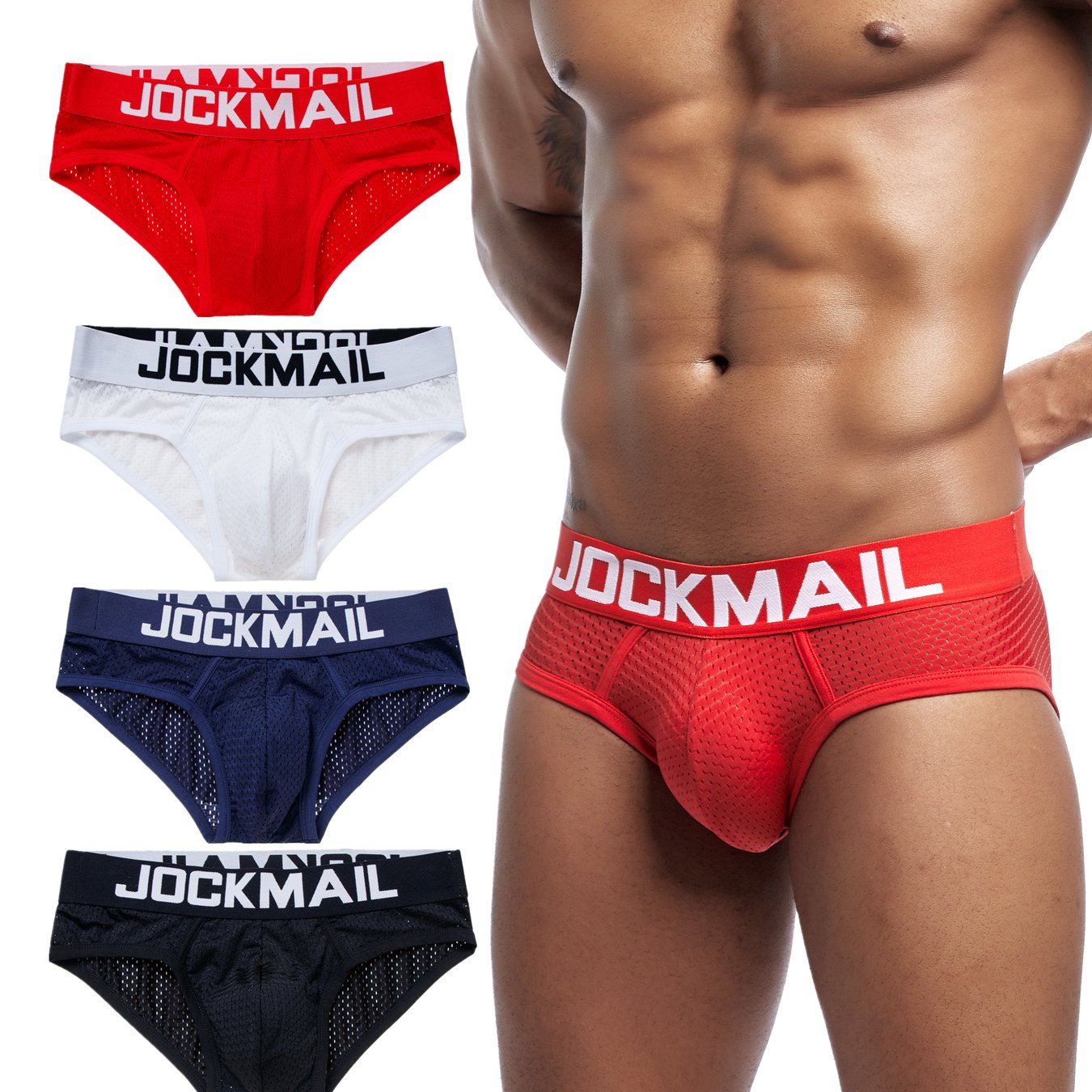 4-Pack JOCKMAIL Men's Briefs: Nylon 90%, Spandex 10%, Medium Stretch, Breathable Contrast Mesh, Low Rise, Letter Print for Daily & Casual Use