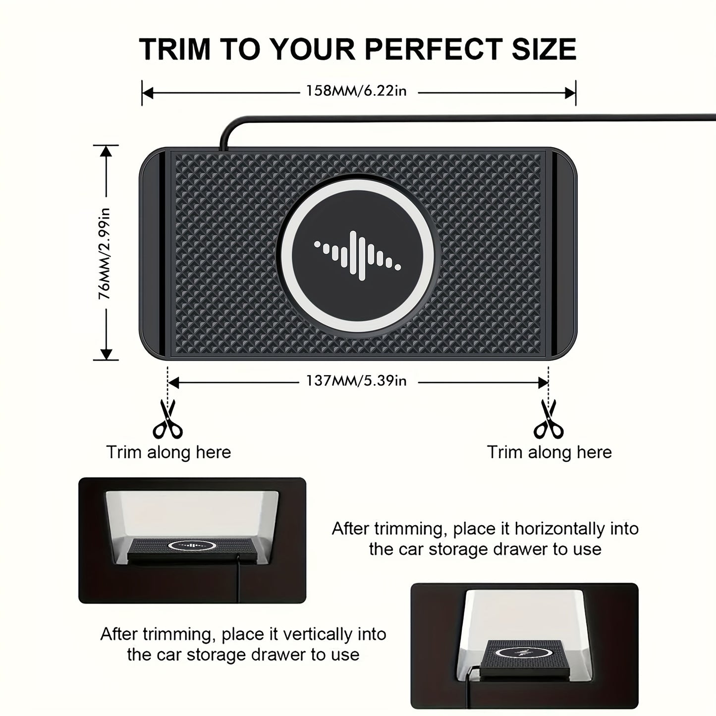 Rubber wireless car charger with 15w quick charging and anti-slip pad for mobile phones in car storage compartment.