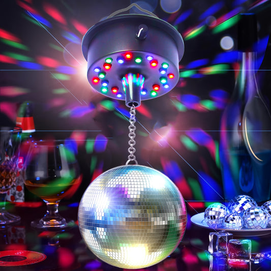 1pc Adjustable Mirror Ball Rotating Motor with 24 RGB Led Light for 4-12" Disco Balls, perfect for party decoration in various venues. Powered by USB or batteries. Mirror disco ball not included.