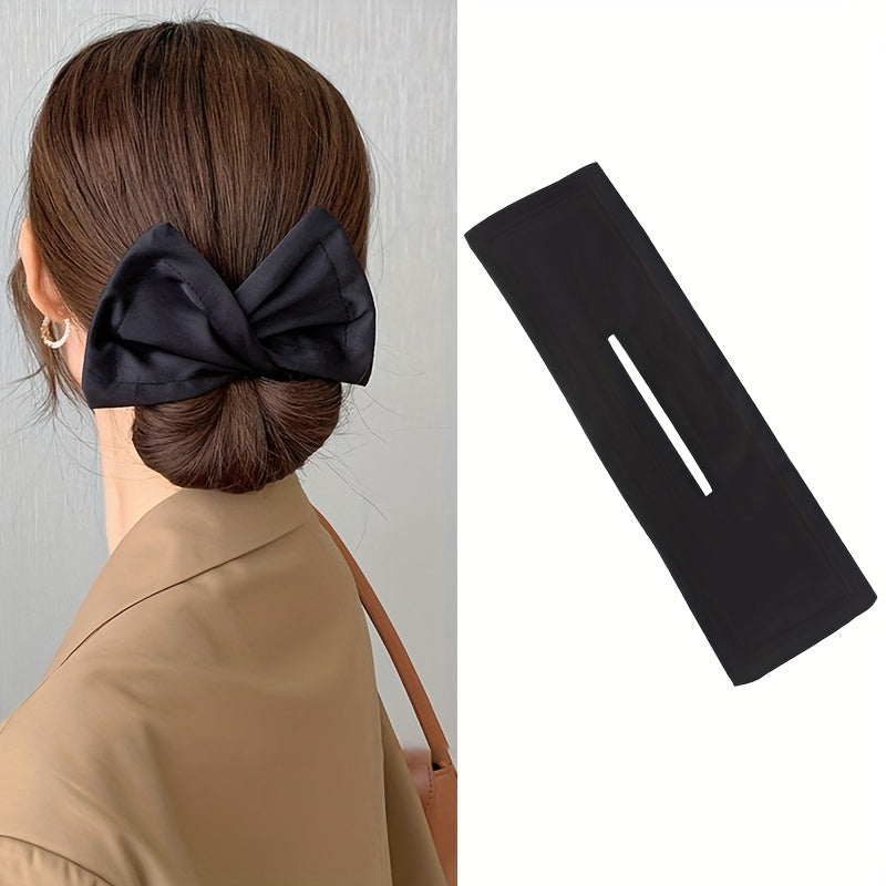 Bow shaped ponytail holder for creating lazy hair curls and buns, a fashionable women's hair accessory.