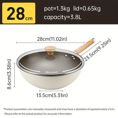 The COOKER KING Chef's Pan is a non-stick wok with a Titanium coating and stainless steel construction for healthy cooking. It features multi-layer construction, no chemical coating, and is PTFE & PFOA free. The pan is also induction compatible and comes