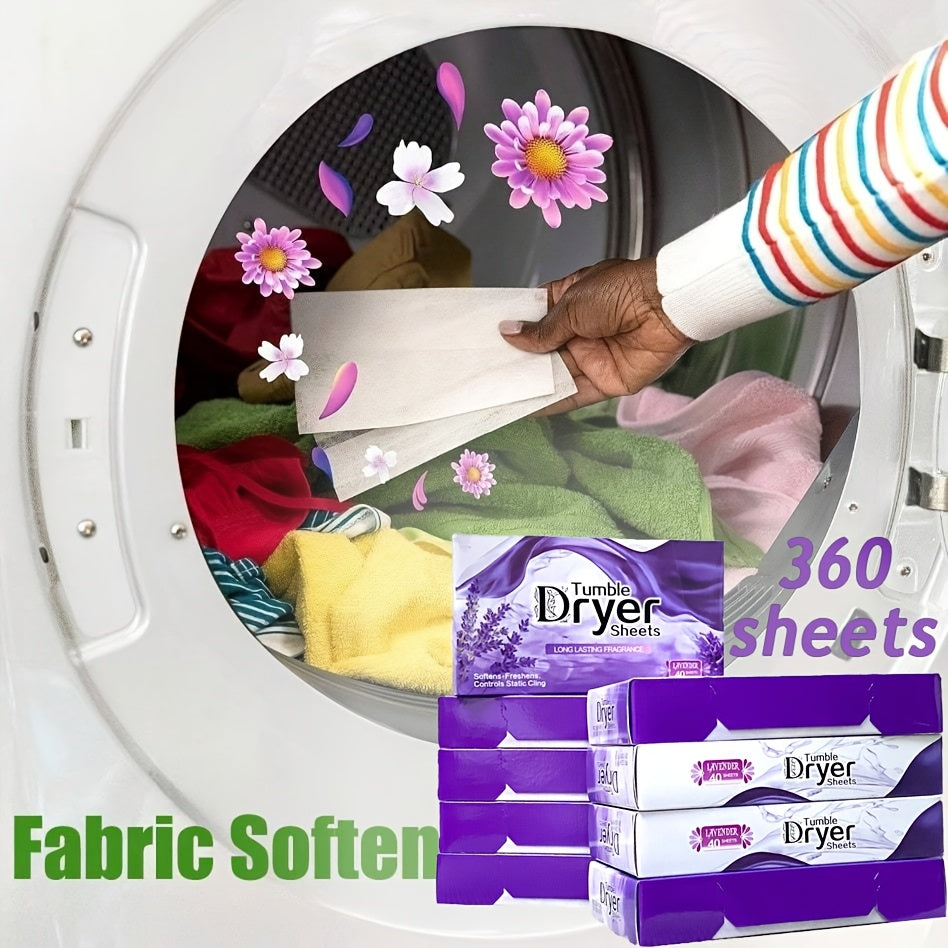 This package includes 360 sheets in total, with 9 boxes of 40, 5 boxes of 24, and 3 boxes of 40 fabric softener dryer sheets. These sheets are ultra-soft with a fresh scent, anti-static properties, odor elimination, and are designed to deodorize clothes.