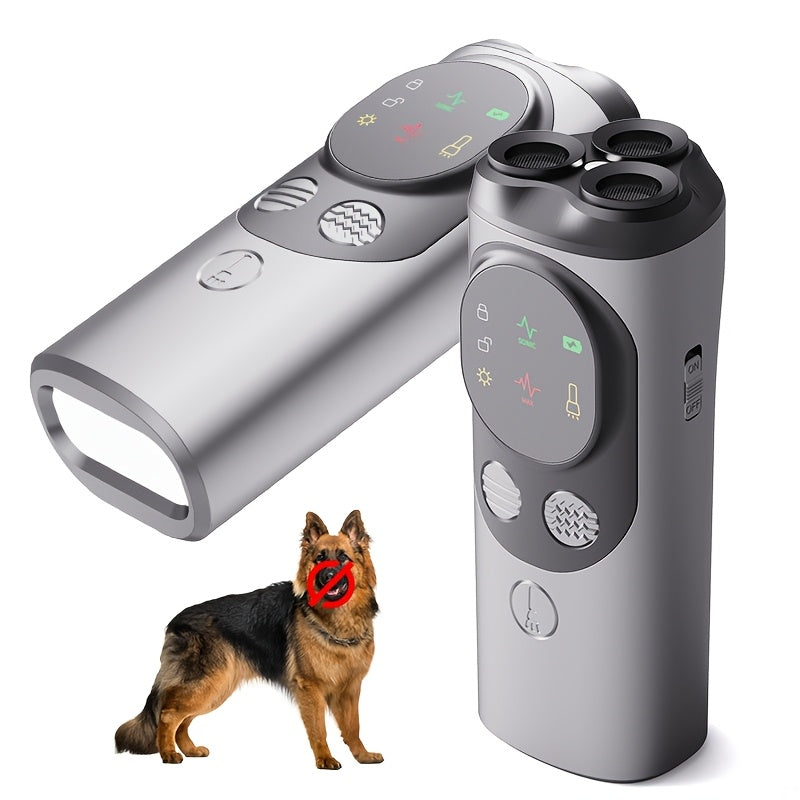 Rechargeable bark control device with LED flashlight for training dogs, with USB charging and lithium battery.