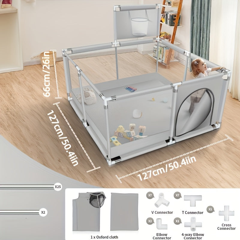 Baby playpen with a basketball hoop, guardrail, and square shape, designed for children to play and learn indoors. Includes a climbing mat for added fun and safety.