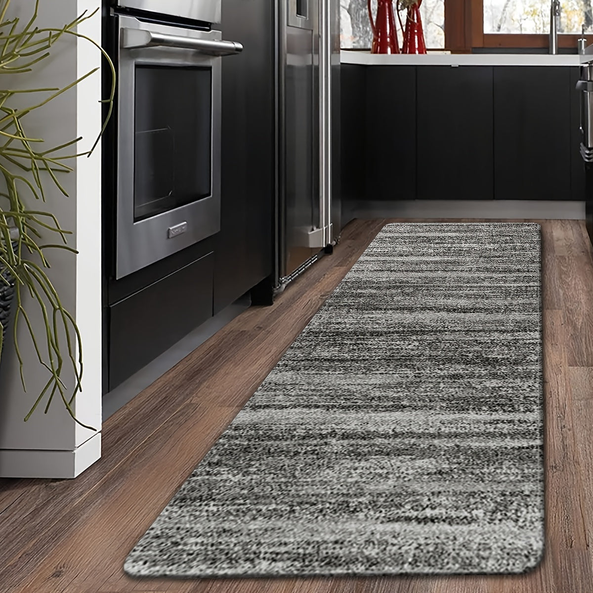 Non-slip Dark Grey Abstract Area Rug - Retro Modern Low-pile Runner Rug for Hallways, Restaurants, Kitchens, and Laundry Areas. Available in various sizes: 40x60cm, 50x80cm, 50x120cm, 50x160cm, 60x180cm. Made with rubber mat for additional grip.