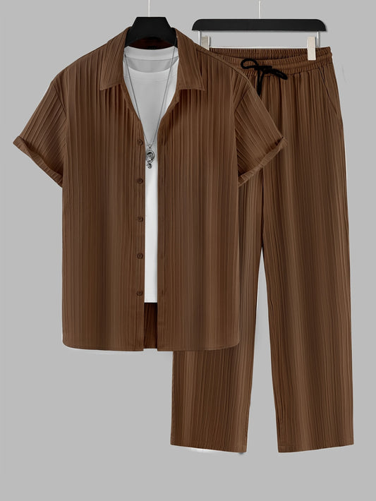 Men's solid color textured shirt and pants set, versatile four-season outdoor outfit, perfect gift.