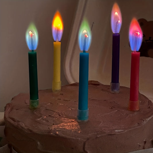 12 Multicolor Flame Birthday Candles for parties and celebrations, with unique visual effect for cake decorating and Easter room decor.