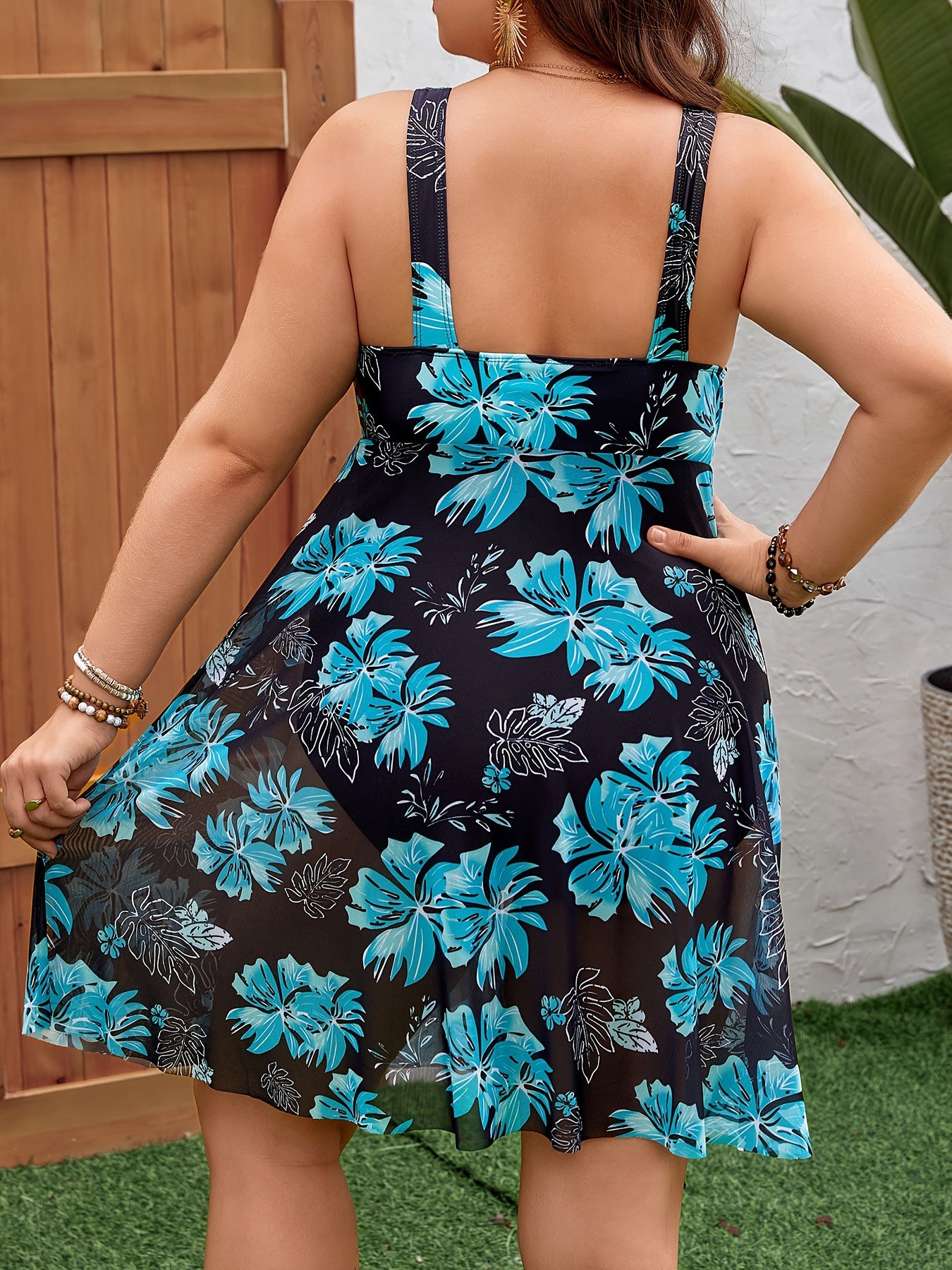 Maple Leaf Print Swimdress with Mesh Overlay for Plus Size Women