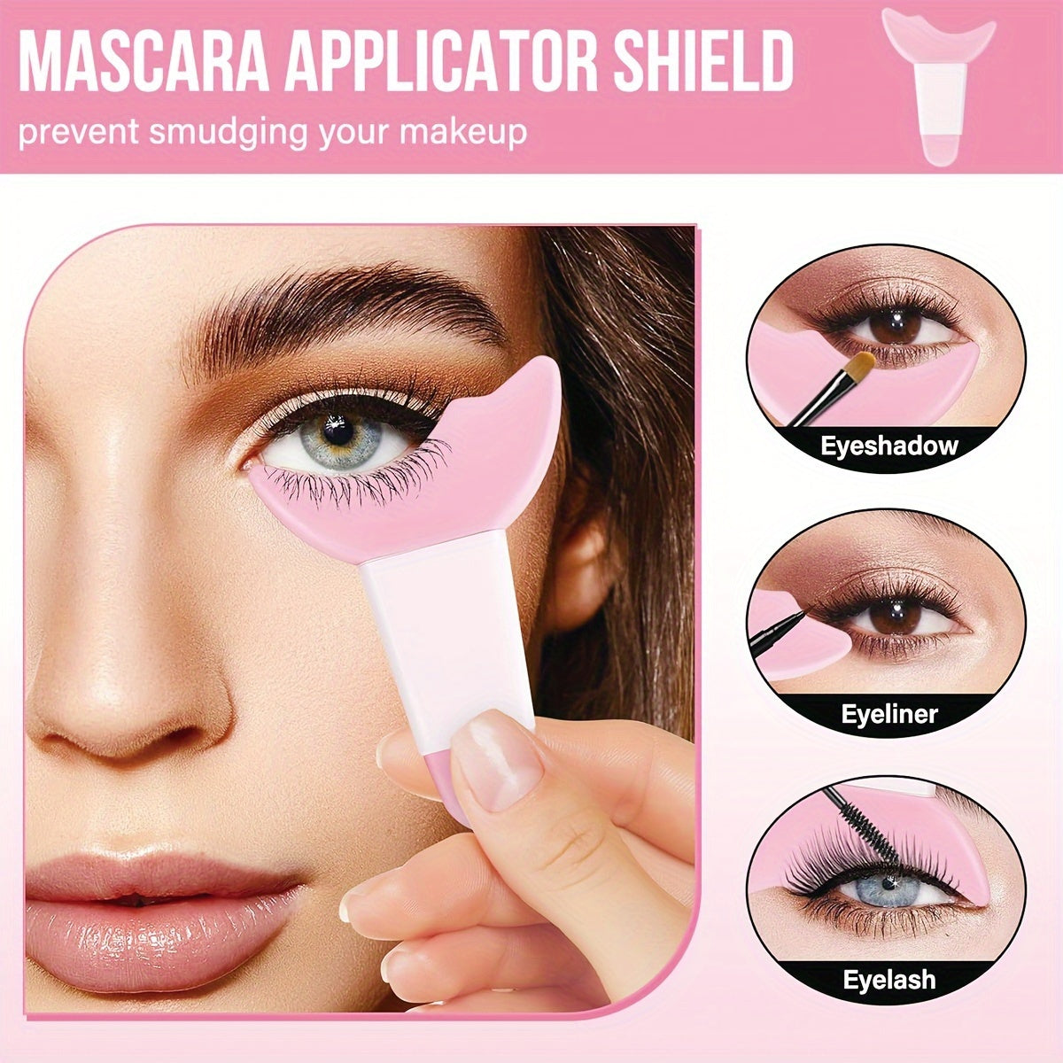 Set of 3 silicone makeup guides in pink for perfect eyeliner, eyelashes, and brows, suitable for all skin types, fragrance-free.