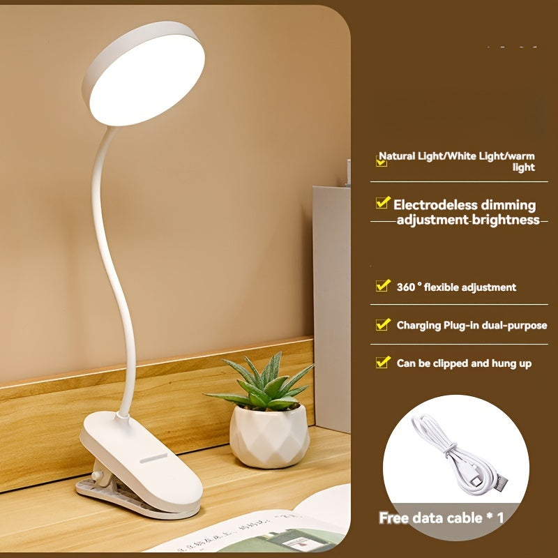 Adjustable brightness clip-on LED desk lamp with soft eye protection, touch control and USB charging. Ideal for reading and studying in dorms, bedrooms, and home offices.