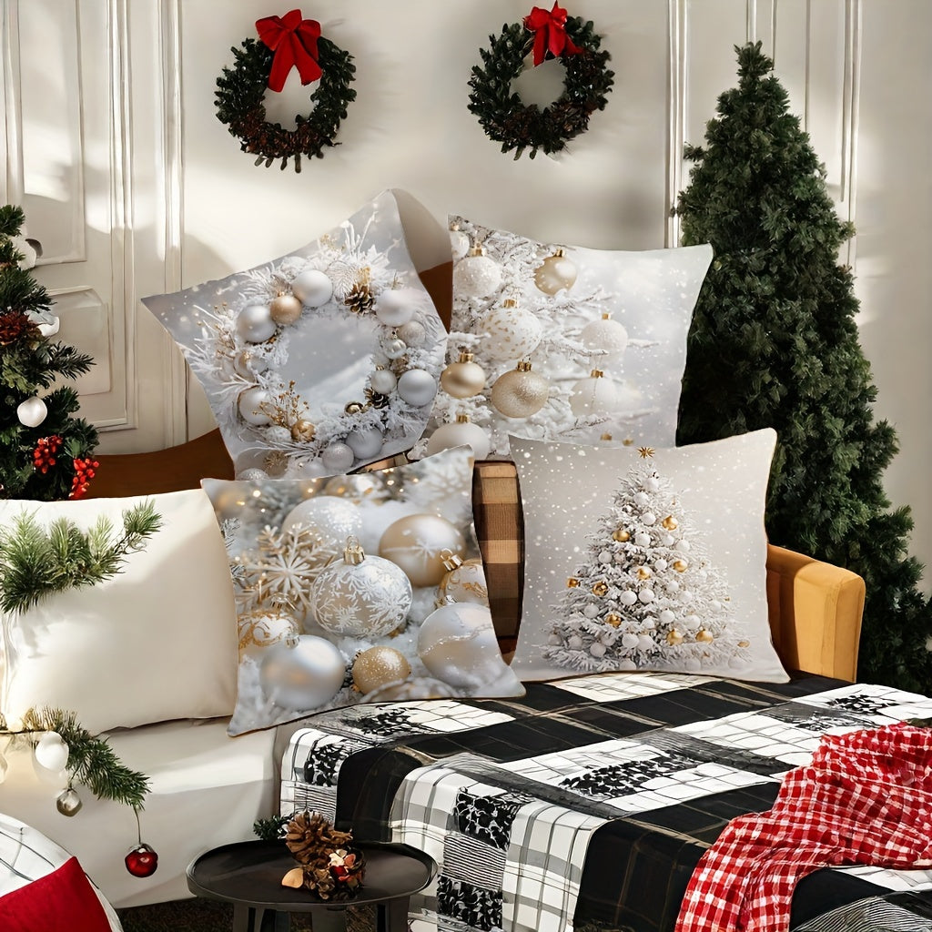 4-Pack Christmas throw cushion covers featuring festive wreath and tree prints on soft polyester fabric with zipper closure. Decorative woven pillowcases for living room, washer safe, size 44.96 cm.