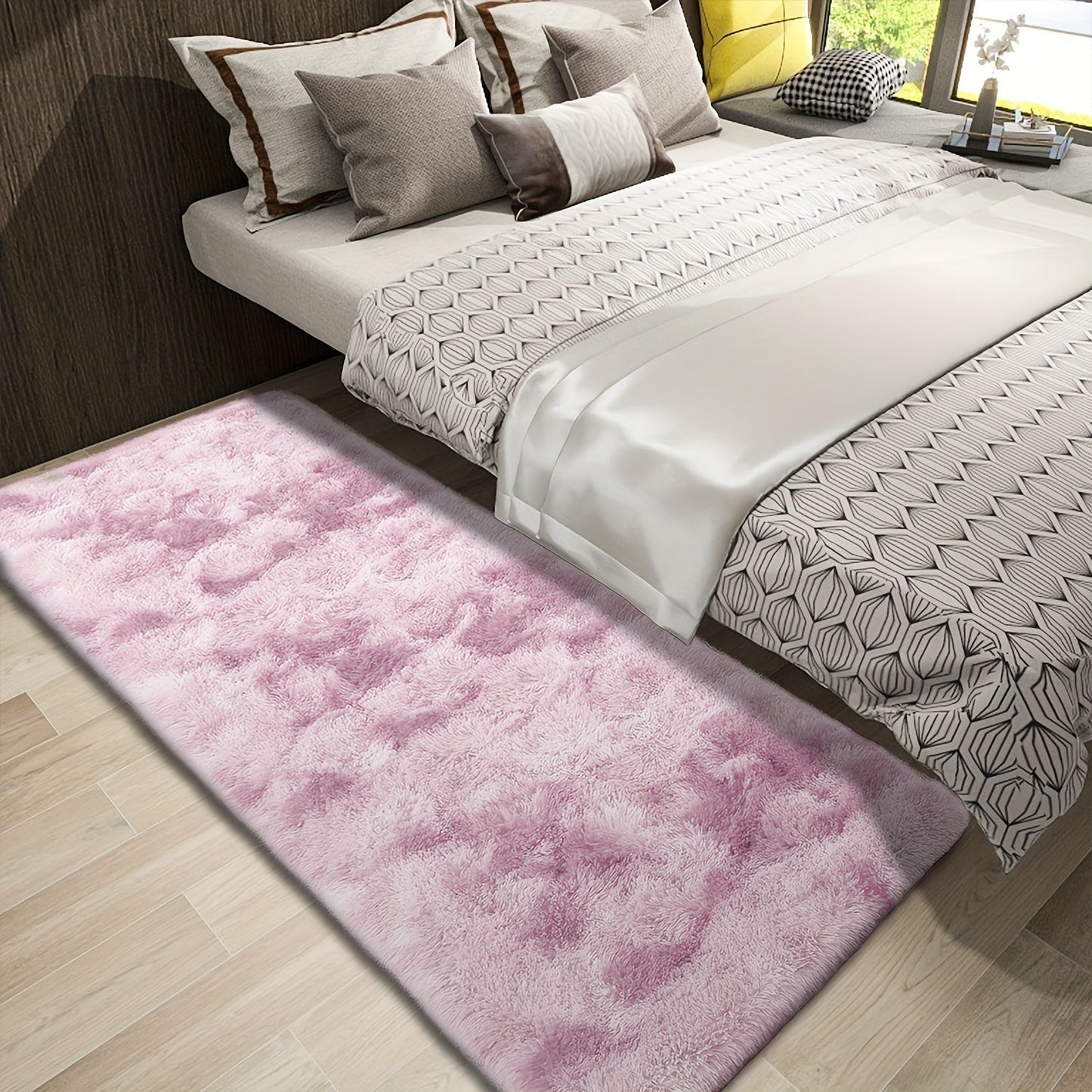 Soft shaggy area mat with a tie-dye design, made with 260g polyester and a 0.6cm thick sponge base. Features a 21 density for added comfort. Machine washable and suitable for indoor use in living rooms, bedrooms, game rooms, and dorms. This Nordic style