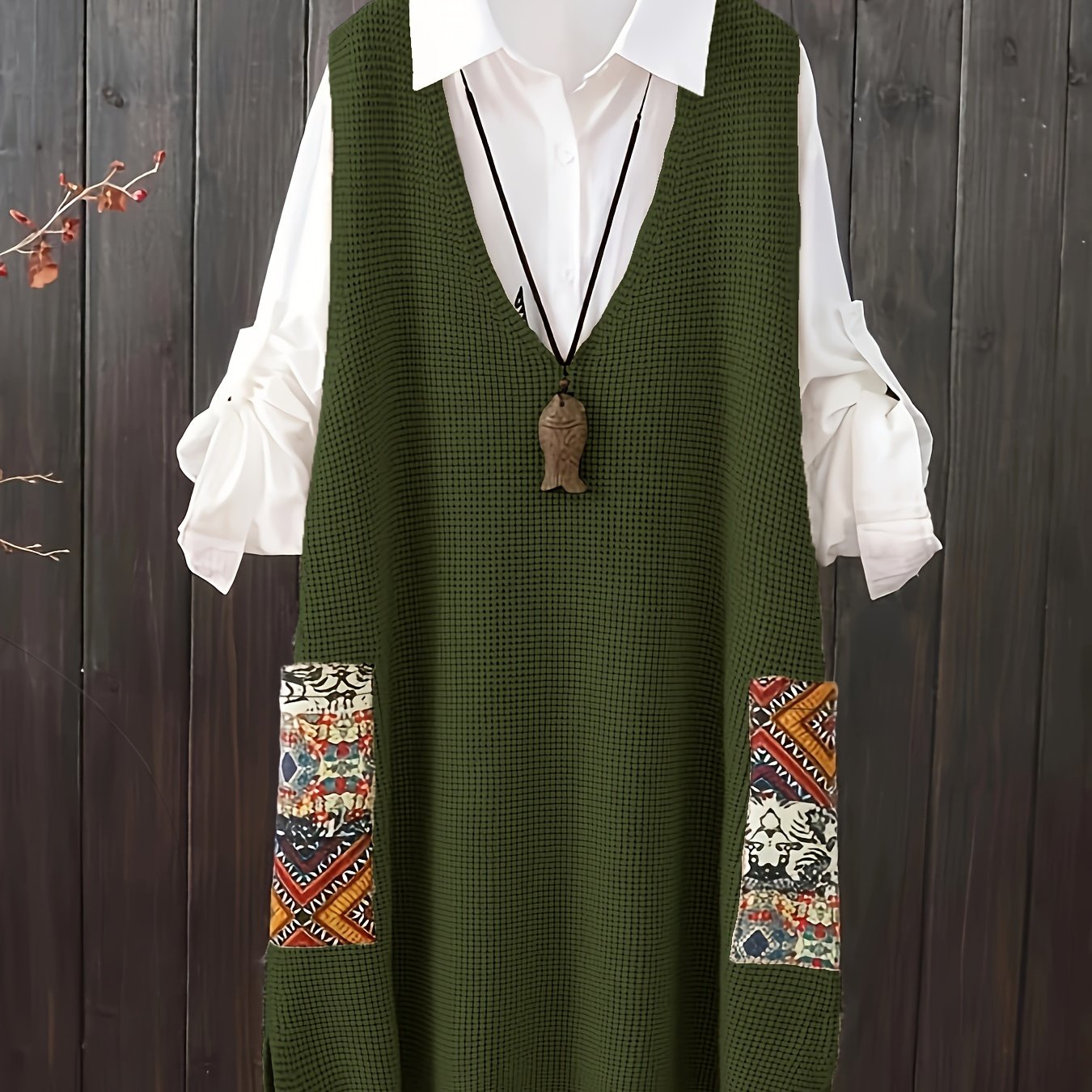 Plus size casual V-neck printed sweater vest dress with pockets.