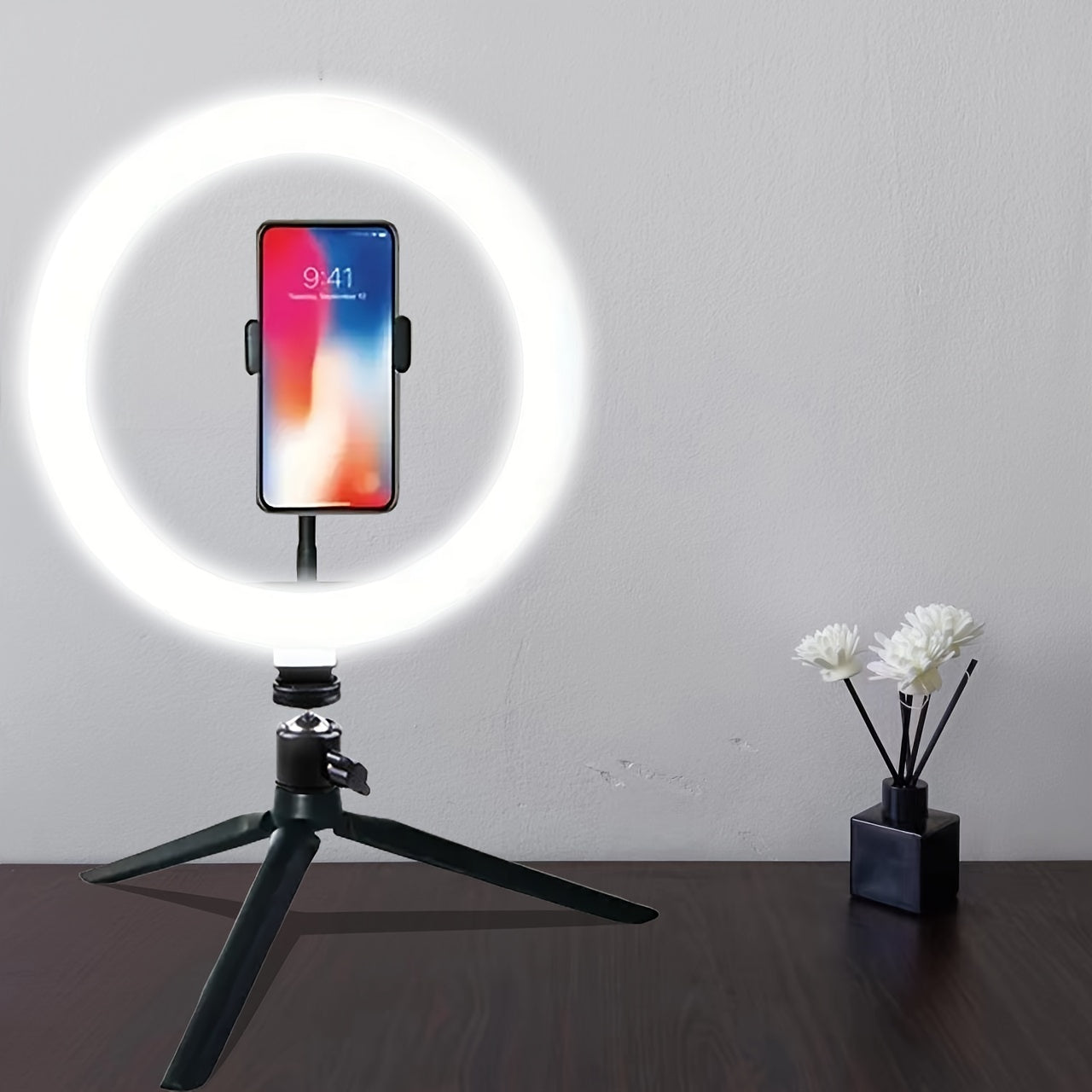 1 LED Ring Light with tripod and phone holder, dimmable and USB-powered. Ideal for YouTube videos, photography, selfies, vlogs, makeup, and live streaming. Portable.