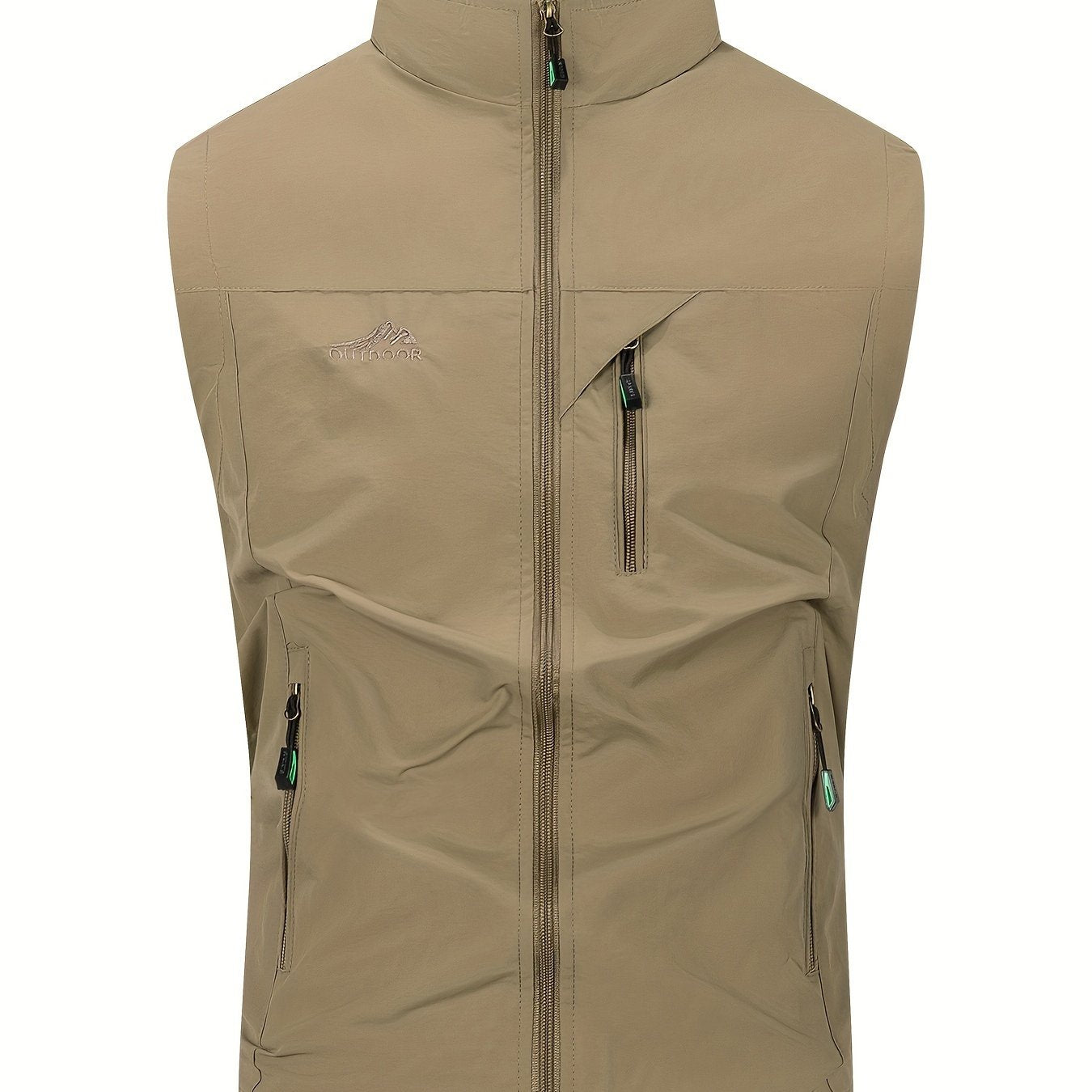 Men's high neck sleeveless jacket with alphabet pattern made of 100% nylon fabric. Features regular fit, multiple zip pockets, and ideal for spring/fall outdoor activities. Can also be worn