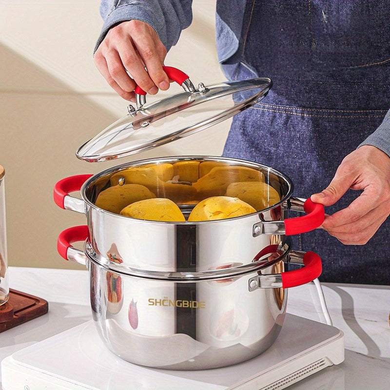 This set includes 16 pieces of stainless steel cookware, perfect for all your cooking needs. The set contains 4 pots, 1 frying pan, 1 milk pot, 6 pot lids, 2 spatulas, 1 spoon, and 1 steamer. The pots are designed to distribute heat evenly and quickly