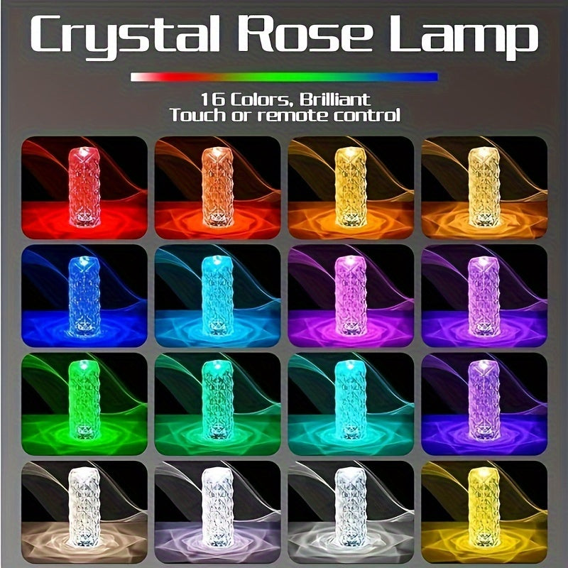 Crystal rose desk lamp with touch and remote control, USB dimmable, 16 colors, creates a romantic atmosphere, perfect for Christmas or Halloween gifts.