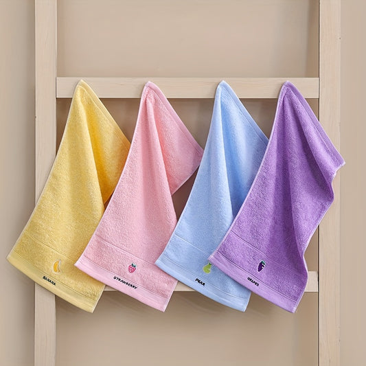 4-Pack of fruit embroidered hand towels, made of super soft knit fabric, 400gsm, hand wash only, perfect for daily use.