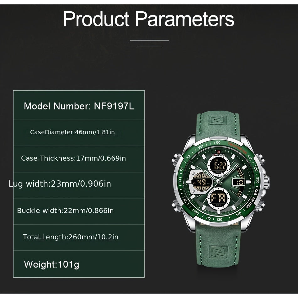 NAVIFORCE Men's Luxury Sports Quartz Watch - Waterproof, Genuine Leather Strap, Dual Display with Date & Chronograph Functions, Stainless Steel Case, Green Accents, Tachymeter Equipped