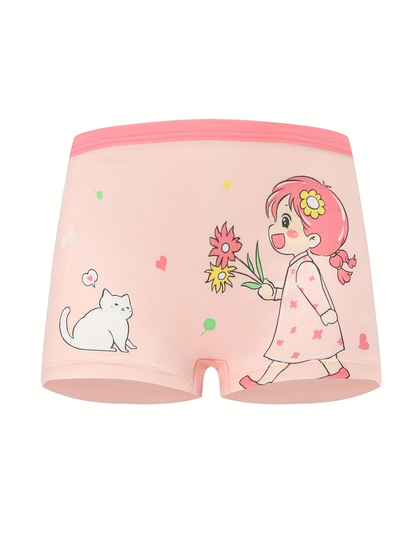 4 Soft Cotton Girls Boxer Briefs with Cartoon Pattern, Flat Leg Underwear