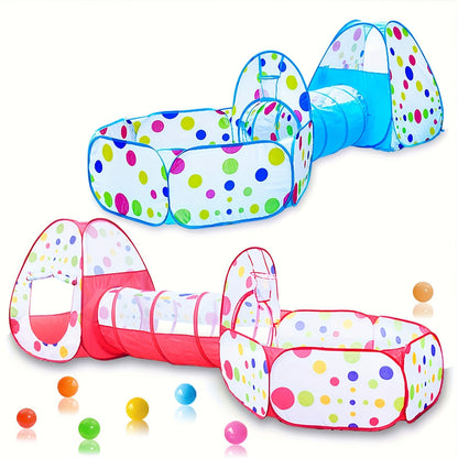 Indoor three-in-one ball pool tunnel for children with wave pattern; includes crawl and shooting games.