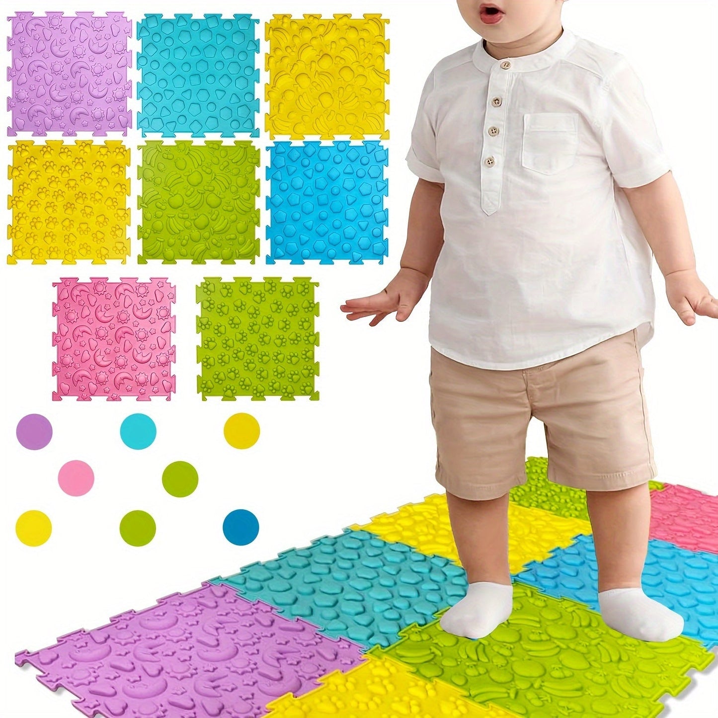 Sensory Tiles Puzzle Floor Mat - Set of 8 Pieces for Children's Sensory Room, Textured Rug Carpet, Orthopedic Massage Mat for Autism - Silicone Massage Mat for Kids with Sensory Needs