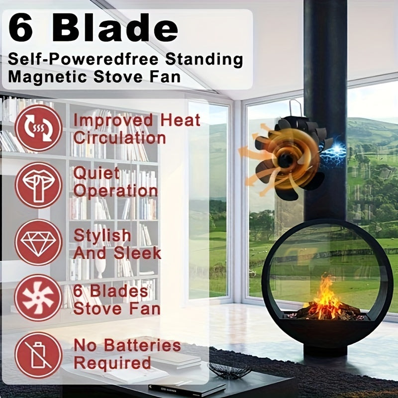 6-Blade Wood Burner Fan for Fireplace Pipe or Wood Burning Stove - Adjustable Band, Quiet and Efficient Magnetic Stove Fan for Effective Warm Air Distribution