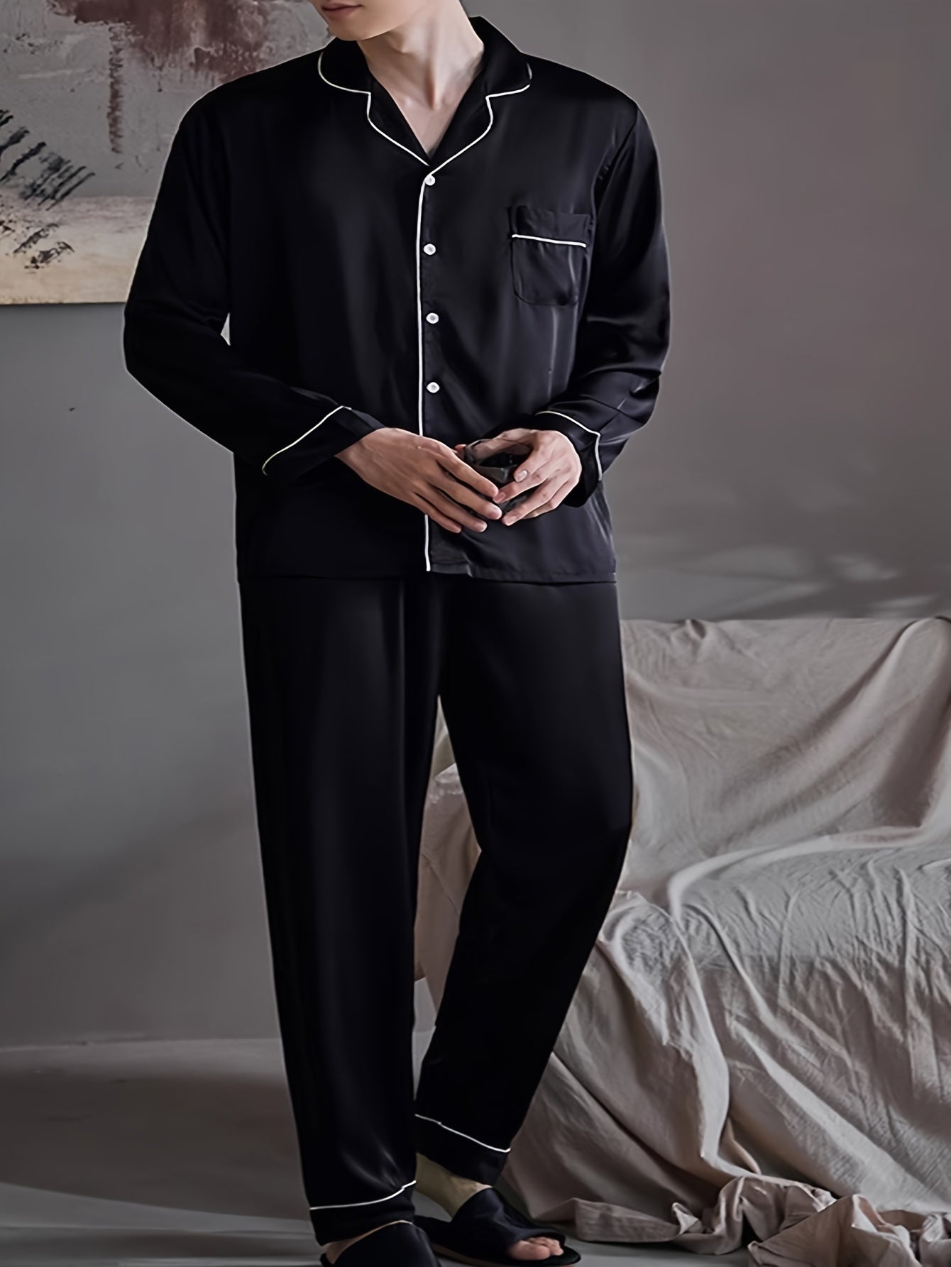 Men's casual pajama set made from large size ice silky fiber fabric, including long sleeve button pocket shirt top and trousers. Suitable for outdoor and home wear in spring, autumn, and